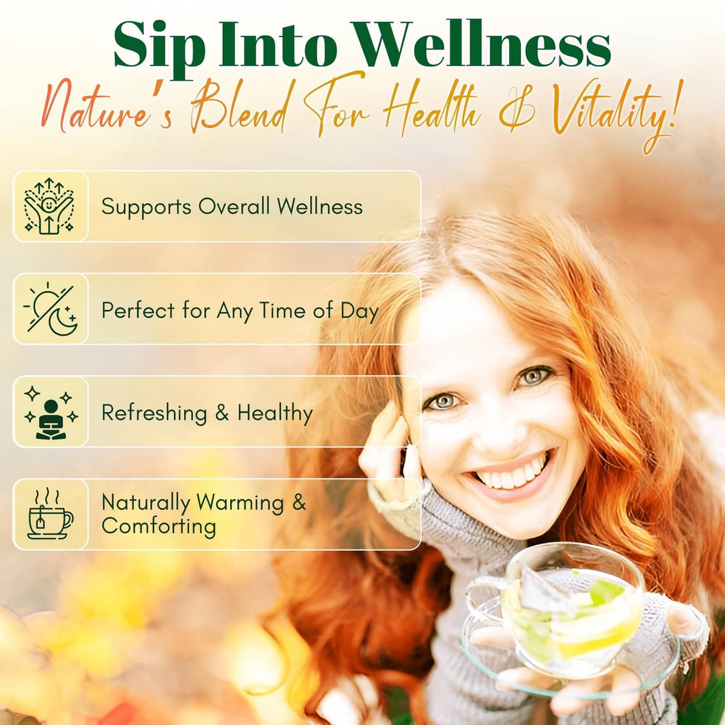 Herbal tea wellness label with a smiling woman holding a cup of tea.
