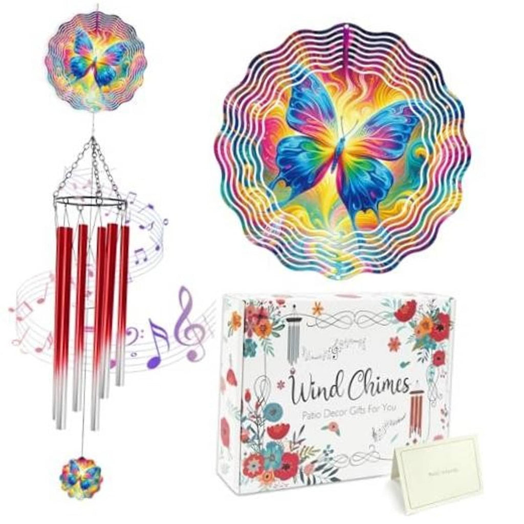 Colorful butterfly wind chime with rainbow spiral disc and red hanging tubes