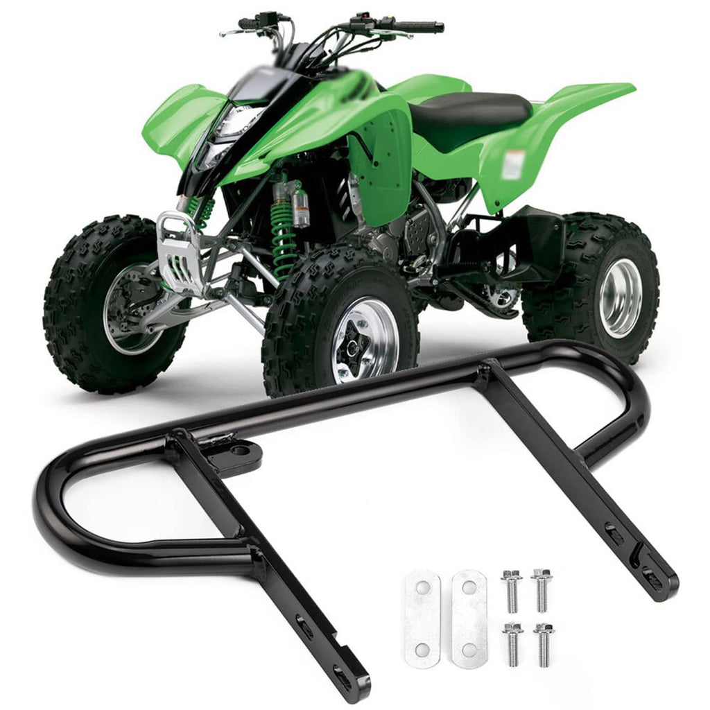 Black ATV rear wide bumper grab bar with side mounts and included hardware kit.