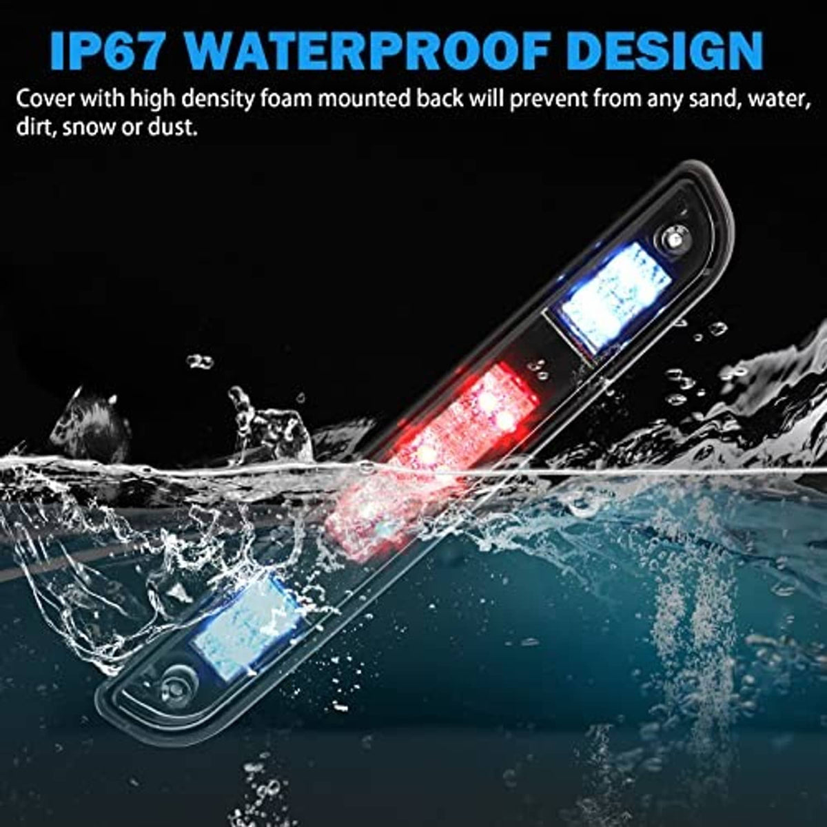 Waterproof third brake light bar demonstration with blue and red LEDs glowing.