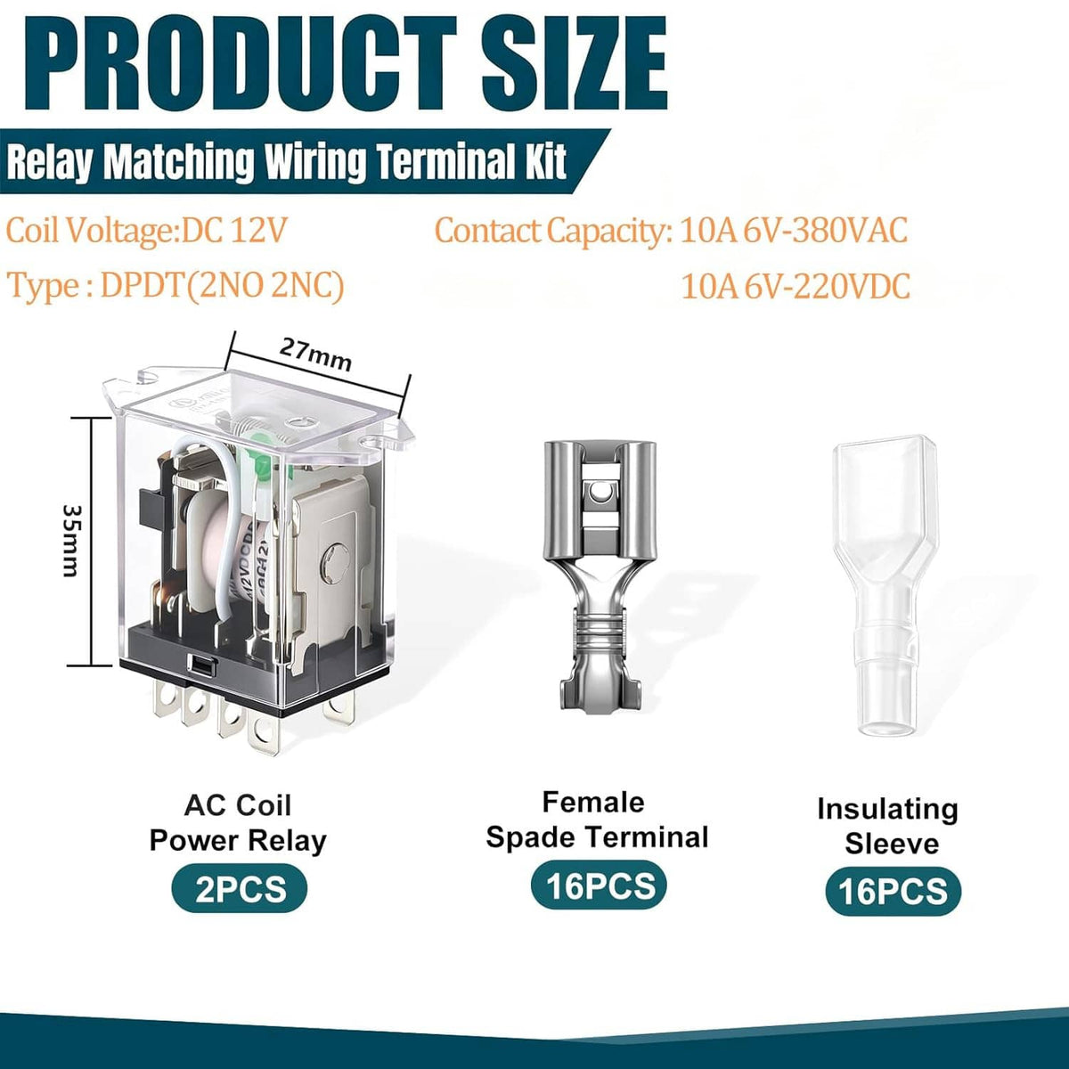 DPDT power relay kit with insulating sleeves and female spade terminals, compact size diagram