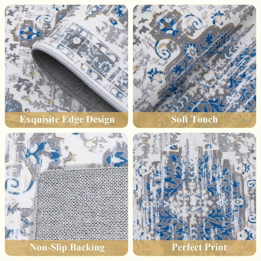 Close-up of boho rug: grey and blue distressed design with stitched edge and textured backing