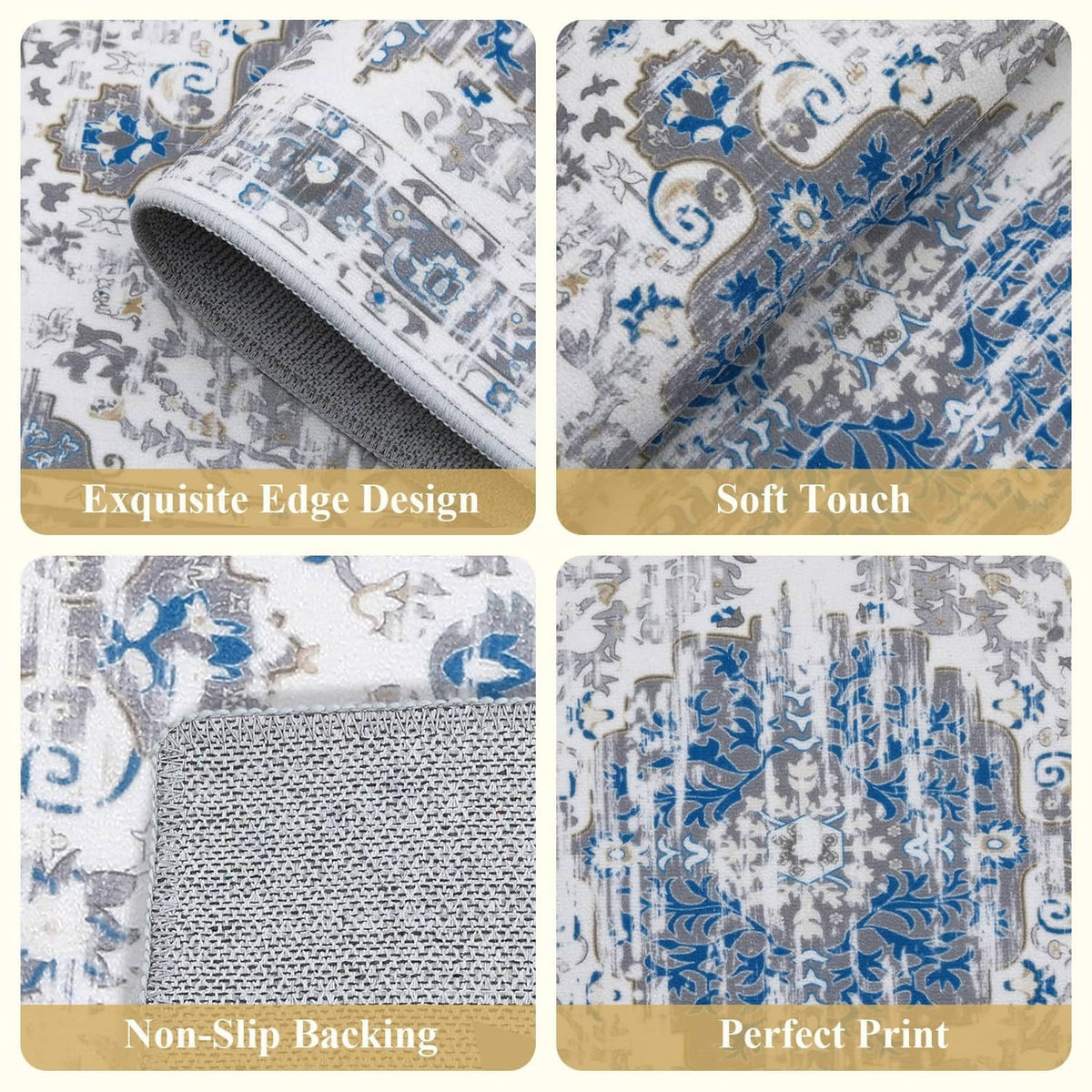 Close-up of boho rug: grey and blue distressed design with stitched edge and textured backing