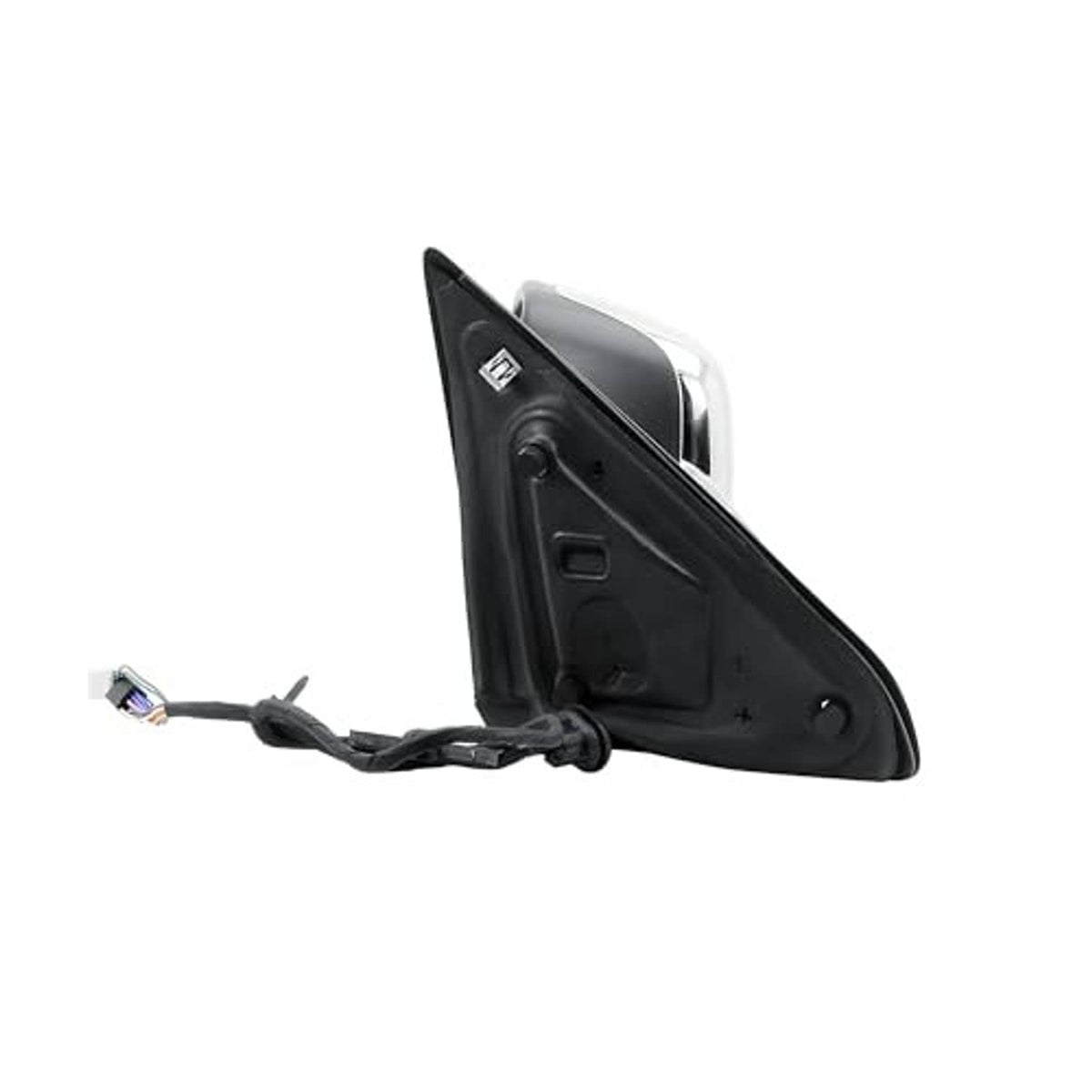 Driver-side door mirror backplate with exposed mounting points and wiring
