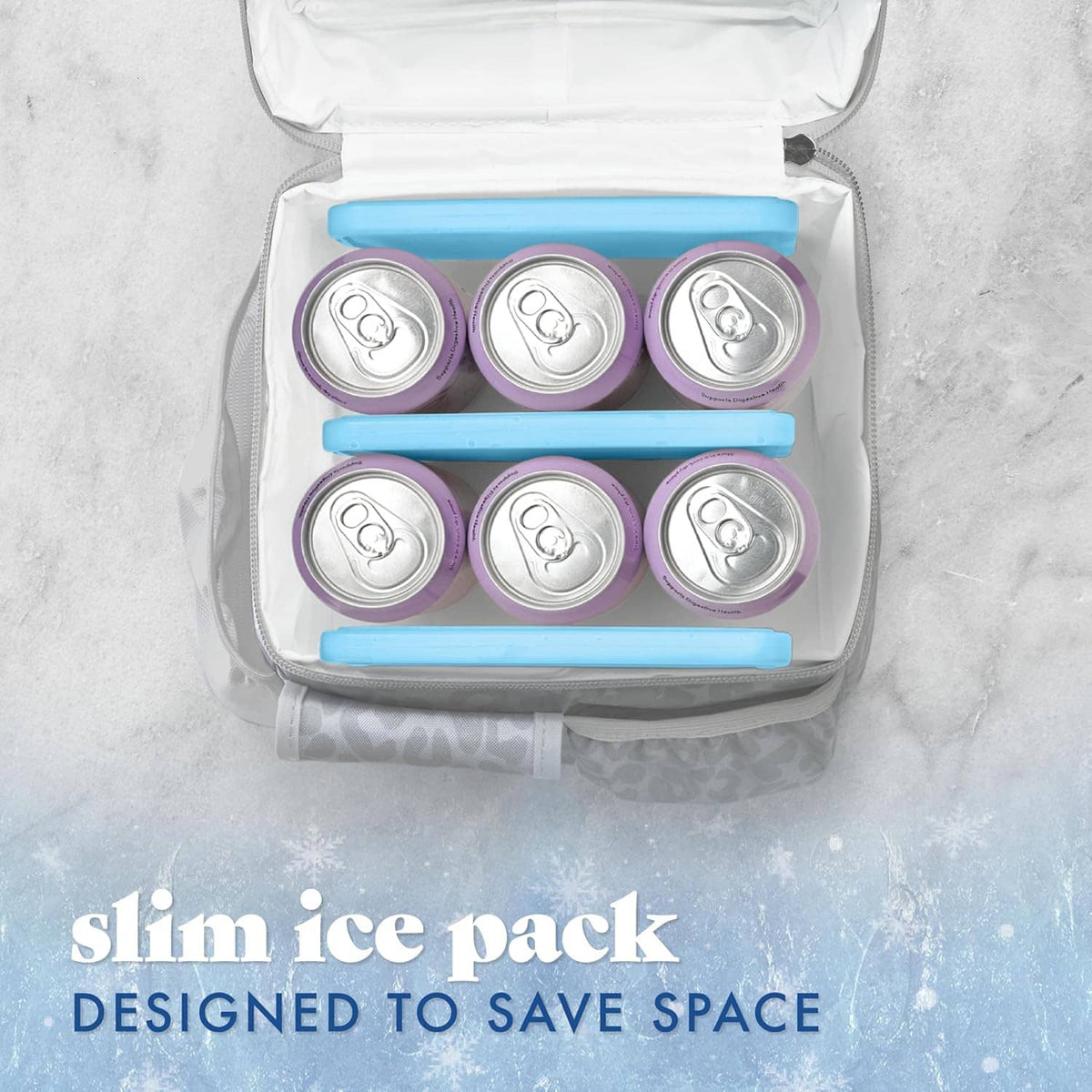 Six can-shaped ice packs with blue storage covers inside a zippered ice pack case