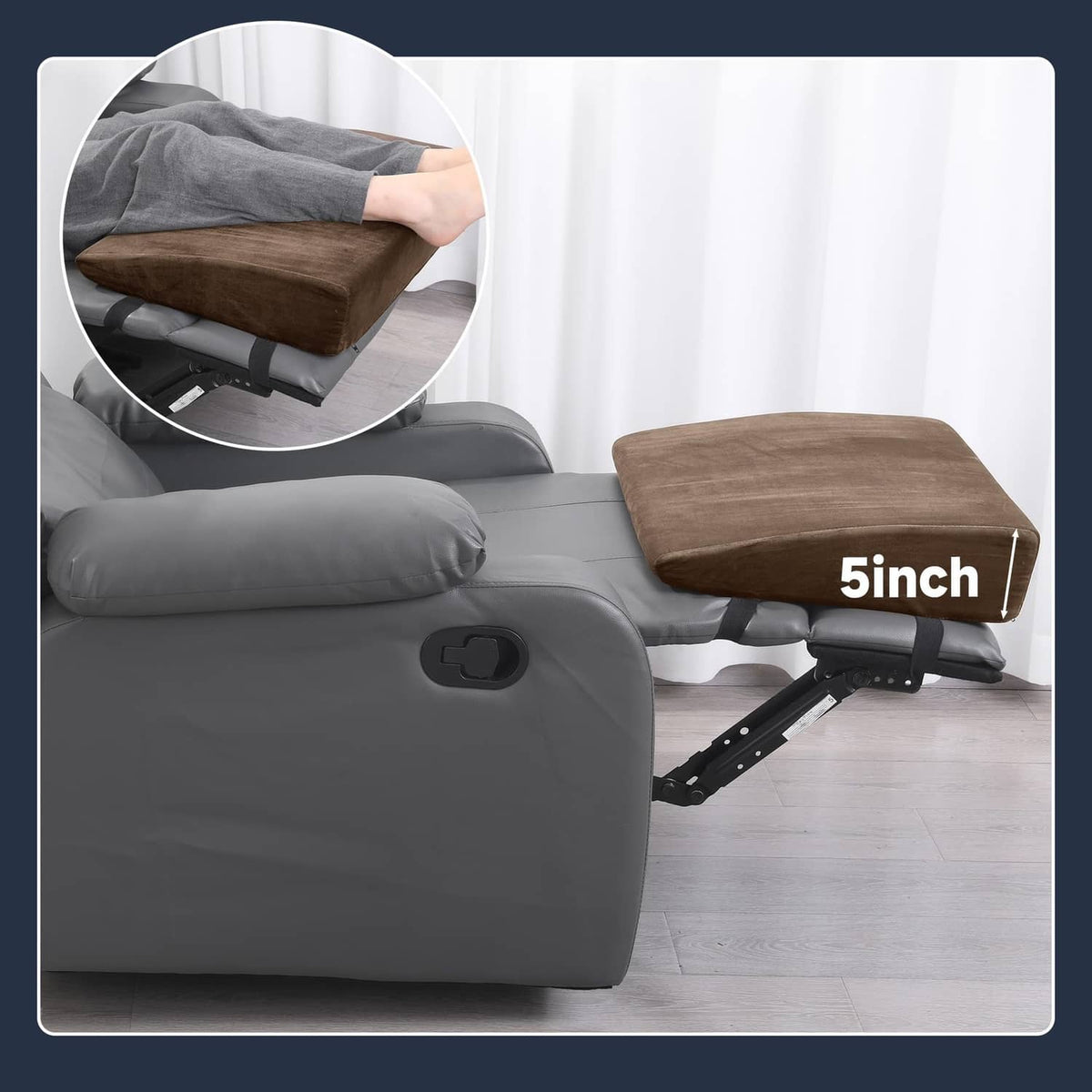 Coffee-brown wedge leg pillow placed on a recliner footrest