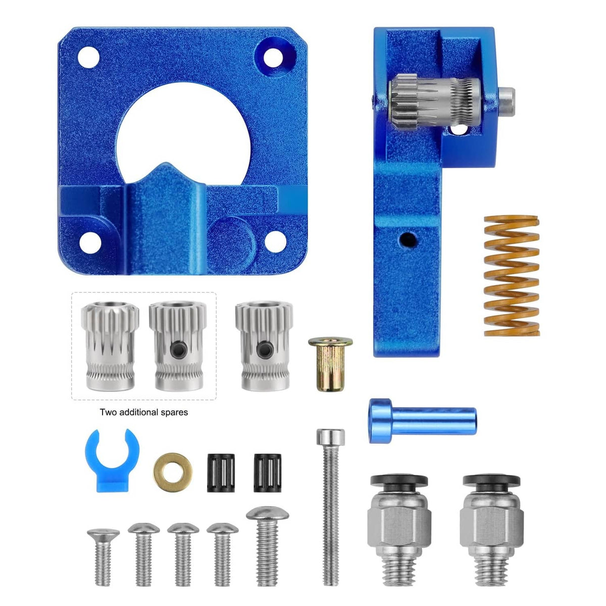 Blue dual-gear extruder bracket with spring gear, fasteners, and accessory parts set