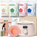 Digital hard wax warmer kit with pink silicone pot, wax packs, spatulas, and bottles