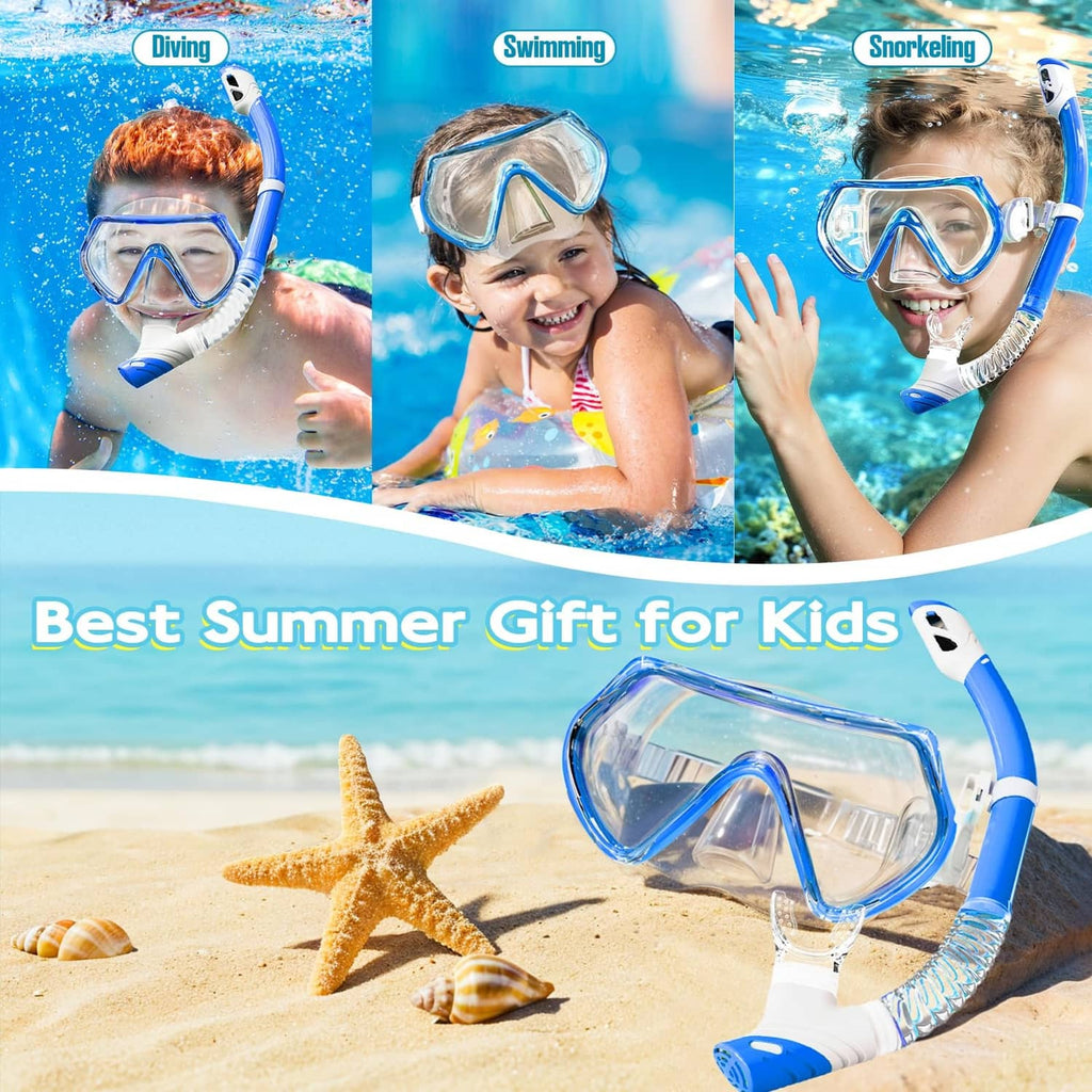 Child wearing clear snorkeling mask with blue frame and white snorkel tube