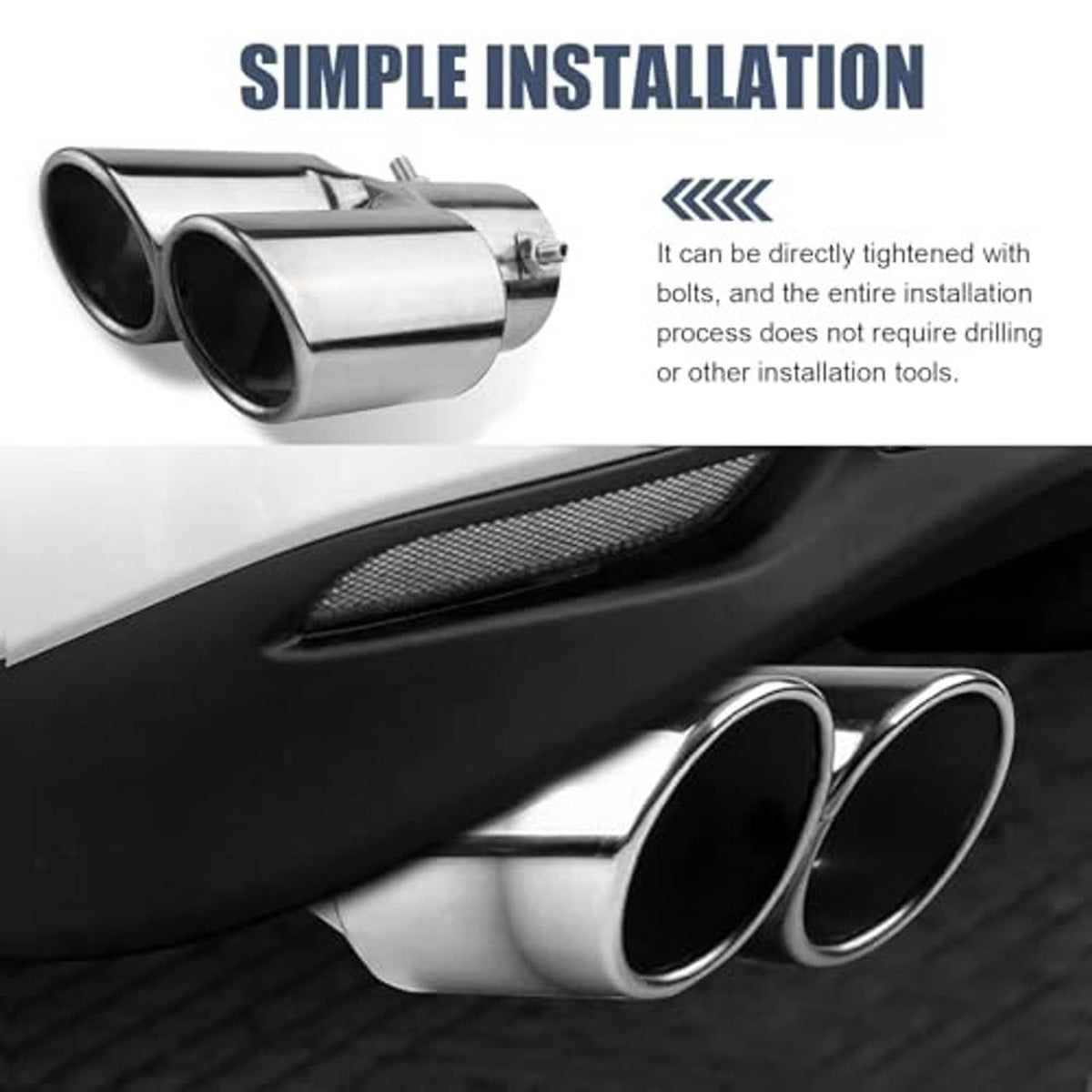 Dual-outlet stainless steel exhaust tip attached to car, showing two round openings