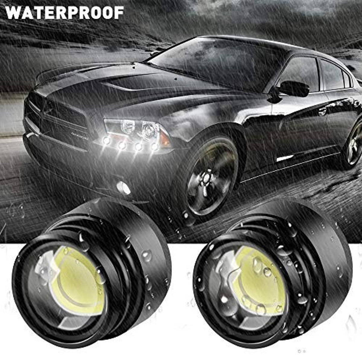 Car LED strobe warning lights showing four bright eagle-eye bulbs on the front