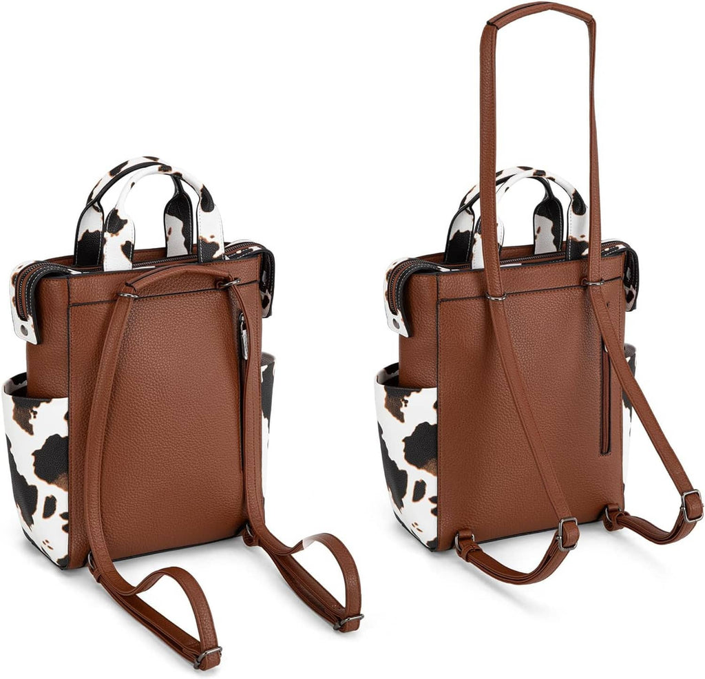 Cow-print vegan leather backpack purse with twin straps, front zip pocket, side handle