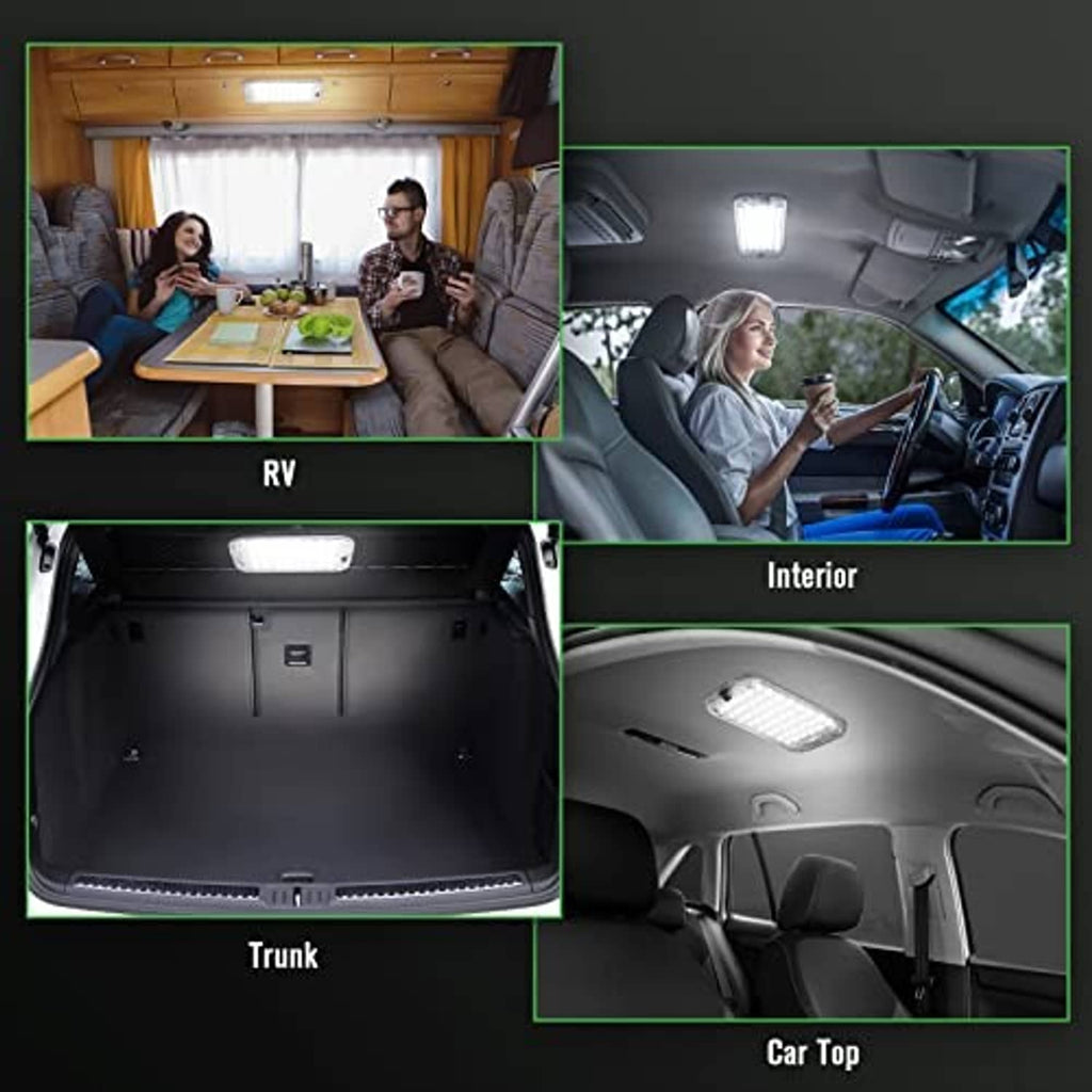 RV interior dome LED light glowing in multiple locations, including ceiling and trunk