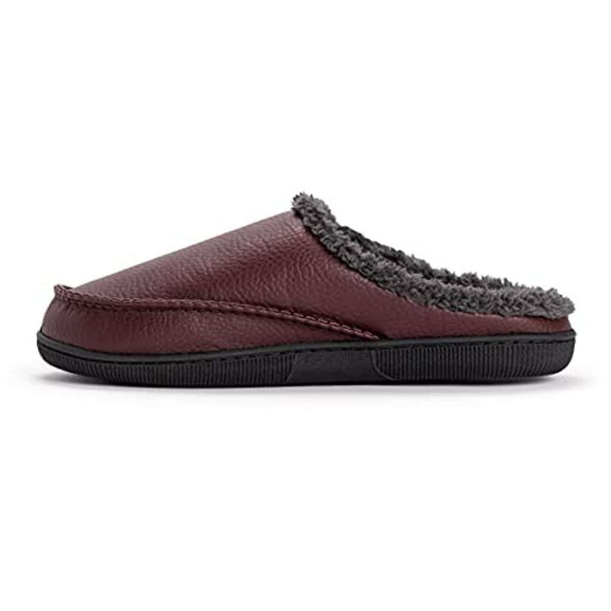Low-profile faux leather clog with gray shearling-style trim and black sole