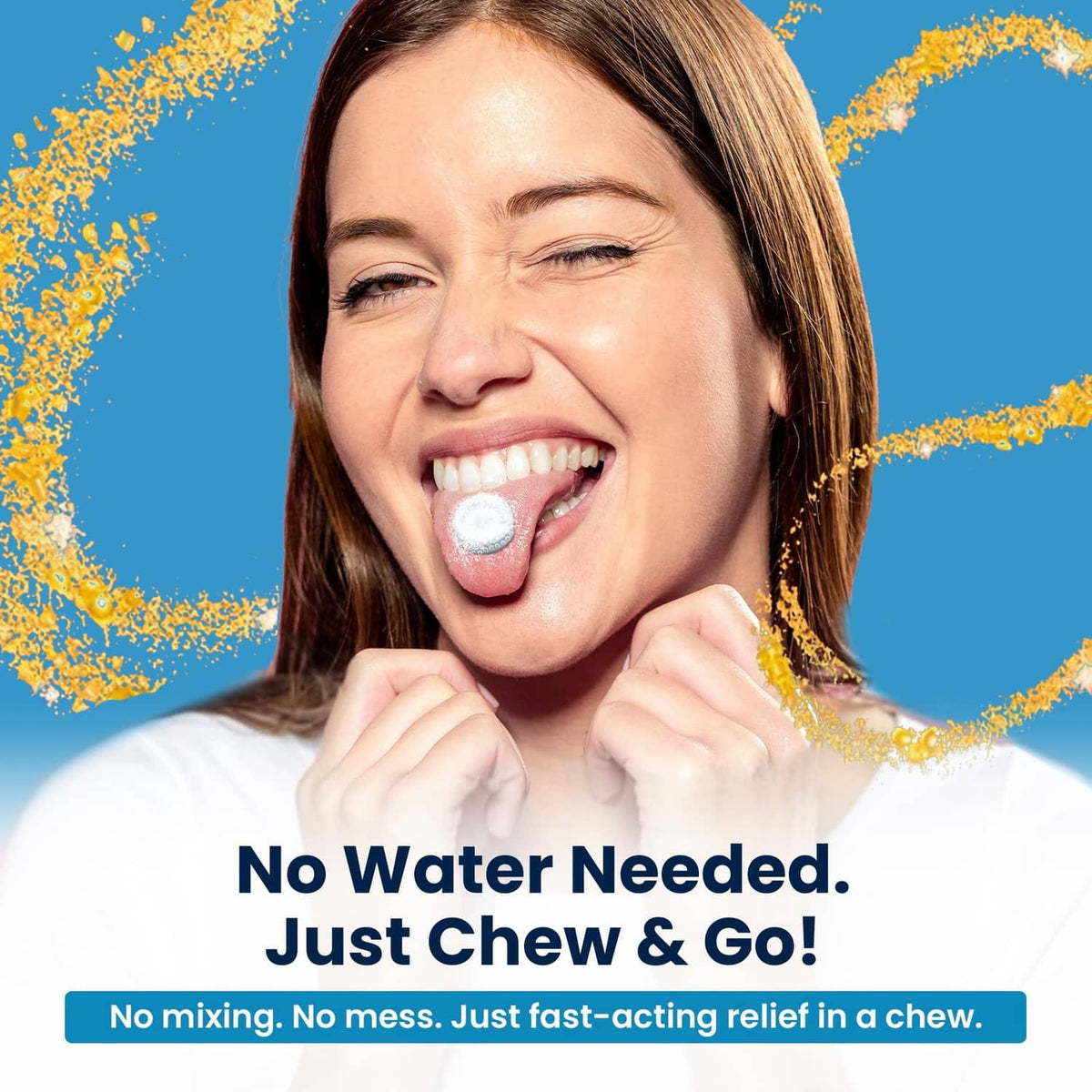 Chewable electrolyte tablet on tongue with Venture Pal lime tablet pack graphics
