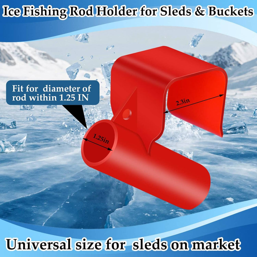 Pair of red universal plastic rod holders for ice fishing sleds, molded sockets