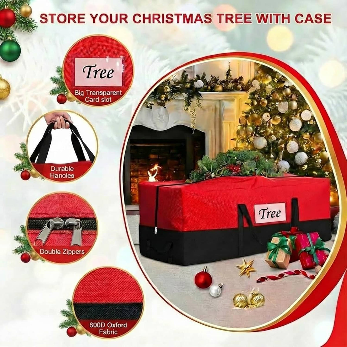 Red and black storage case with clear card window and double zipper for Christmas tree.
