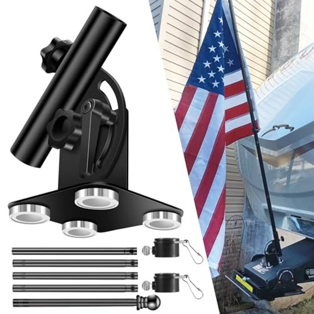 Magnetic RV flag pole holder kit with base, four pole sections, and mounting hardware