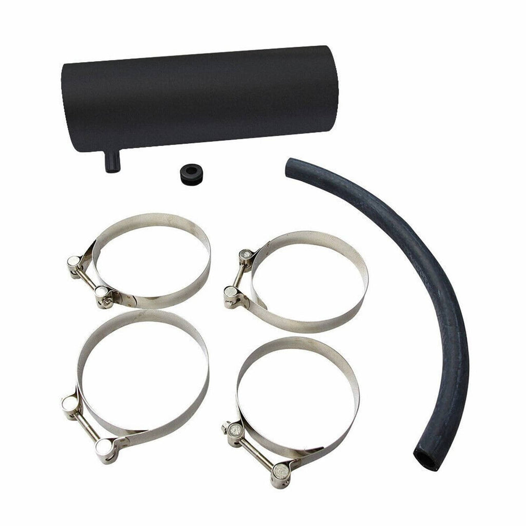 Intake kit parts including black tube, rubber hose, and four metal hose clamps
