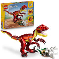 LEGO Creator 3-in-1 fierce dinosaur building set with box and assembled multicolor dinosaur model