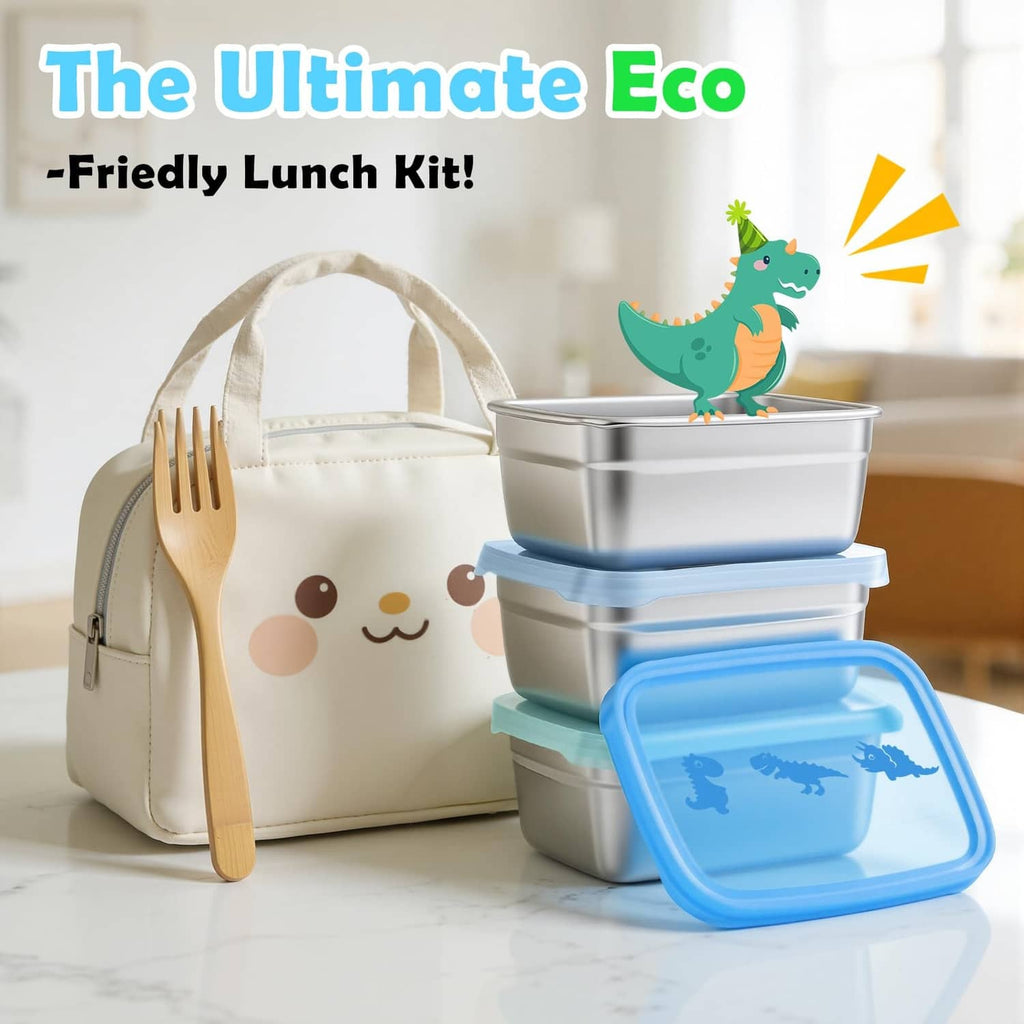 Tanjiae 3-pack stainless steel snack containers stacked with blue and teal dino lids