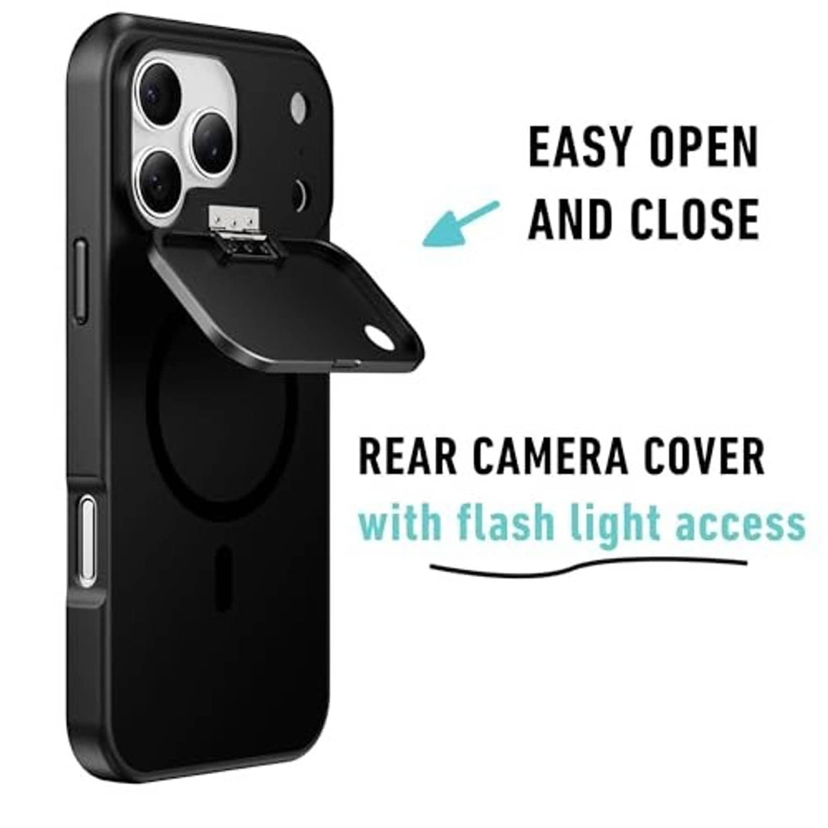 Black iPhone privacy case with rear camera cover, flash access, and open-close tab