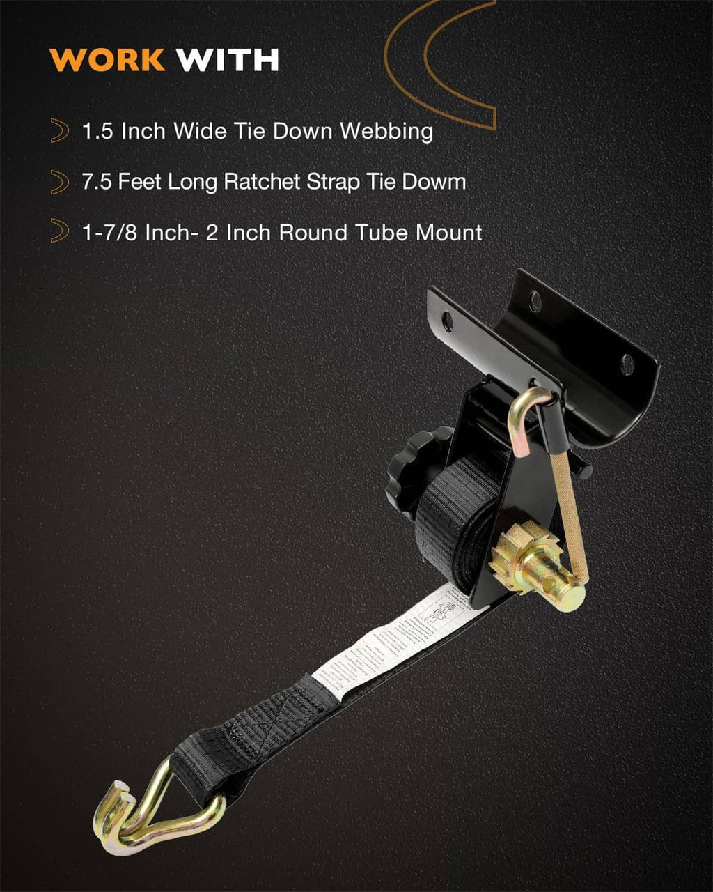 Ladder rack ratchet strap with black webbing, J-hook, and round tube mount
