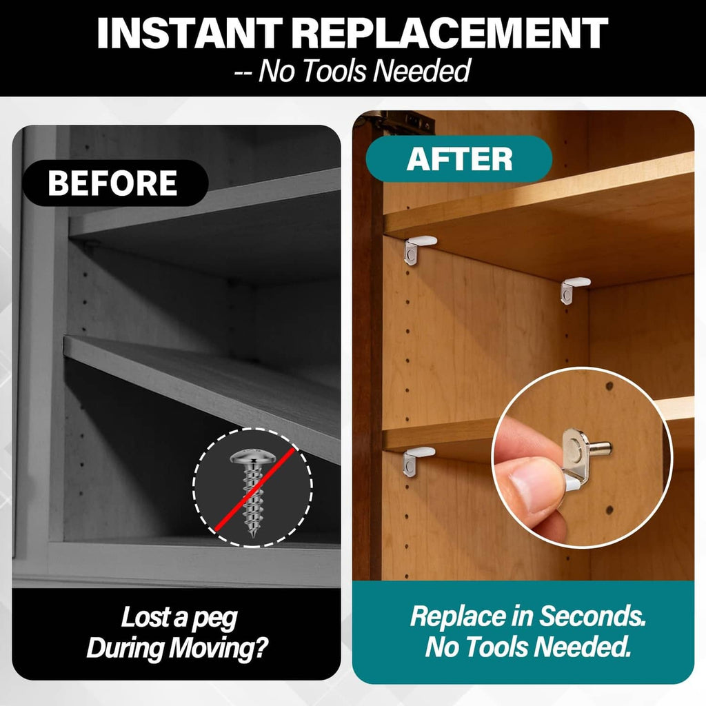 White and silver shelf peg replacement with protective cap for quick, no-tools install