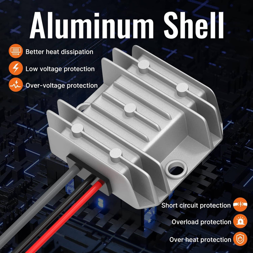 Aluminum shell step-up converter with cooling fins and protective circuitry