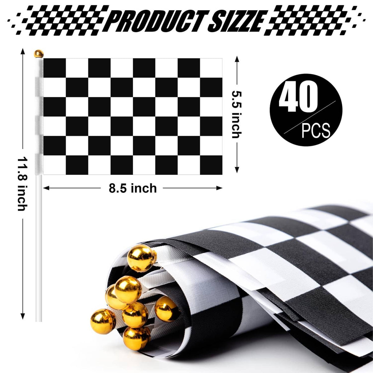 Black-and-white checkered race flags on white sticks, double-sided