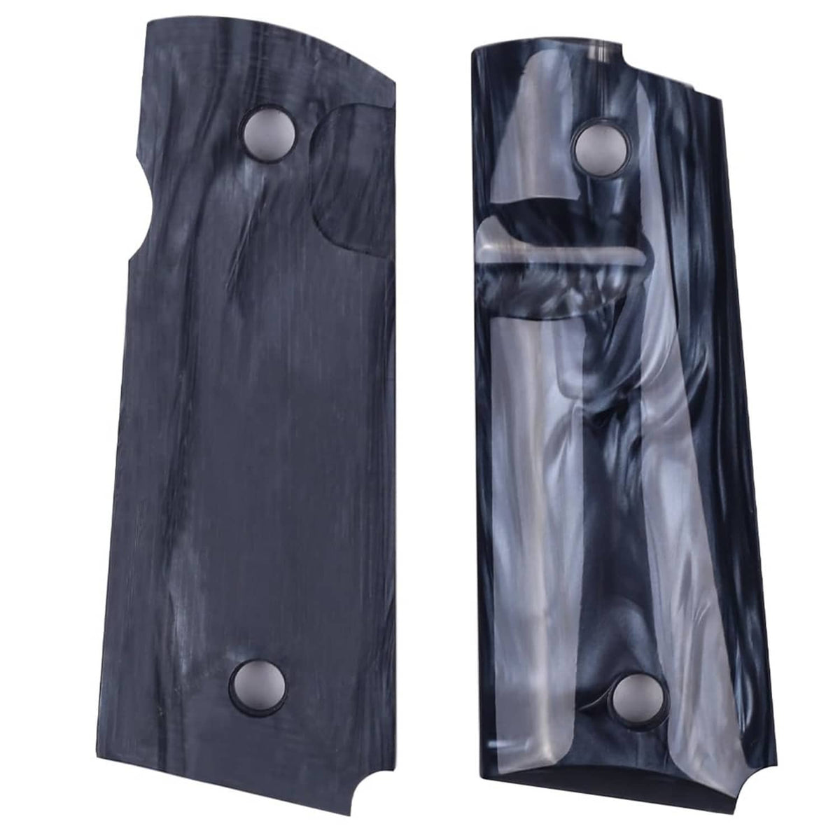 Two black synthetic pearl grip panels for 1911, showing front and rear cutouts and holes