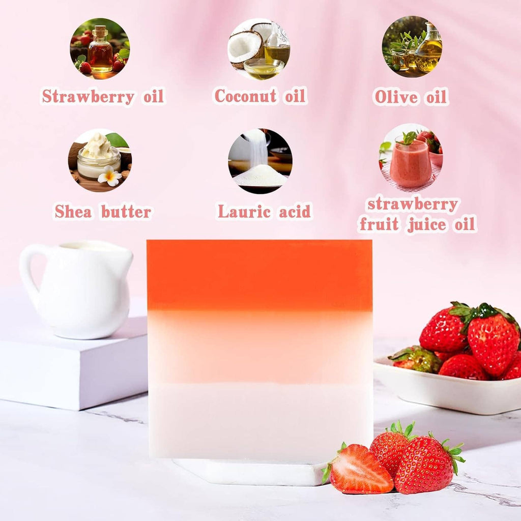 Orange-to-pink handmade soap bar with ingredient icons and strawberry pieces around it