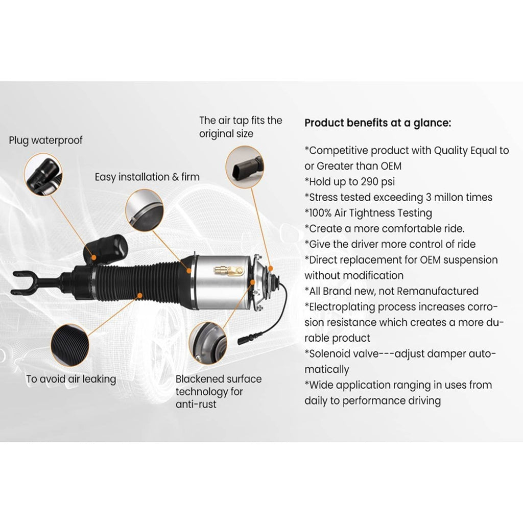 Air suspension shock absorber with black bellows and silver cylinder, control hose attached