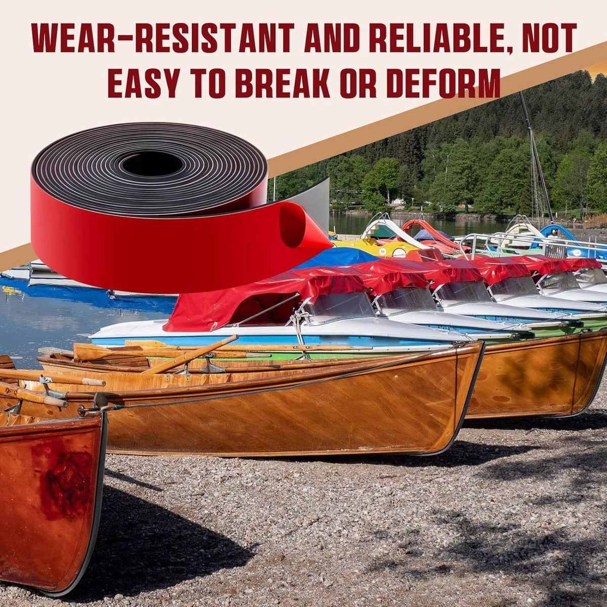 Red self-adhesive kayak keel guard tape roll with black underside edge