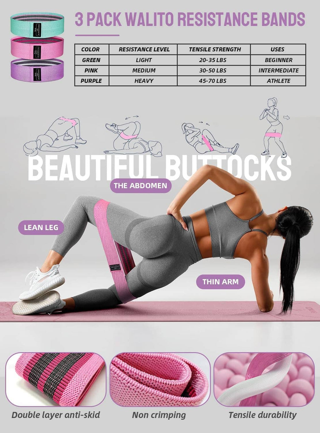 3-pack resistance band set on pink mat with anti-slip grip surface