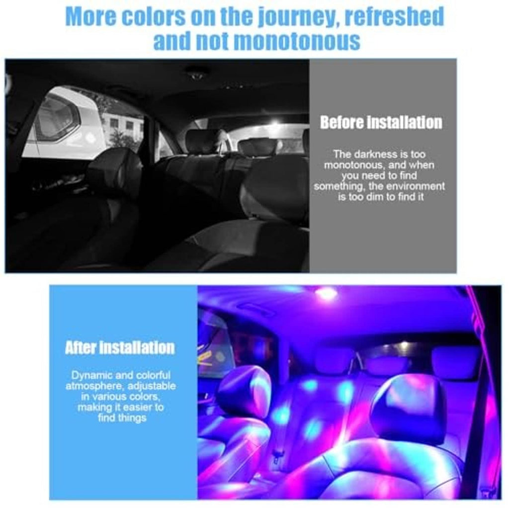 Car interior with LED ceiling light installed, producing colorful ambient lighting