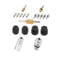 Air conditioning valve core and seal kit with brass tool, metal valve cores, and black port caps