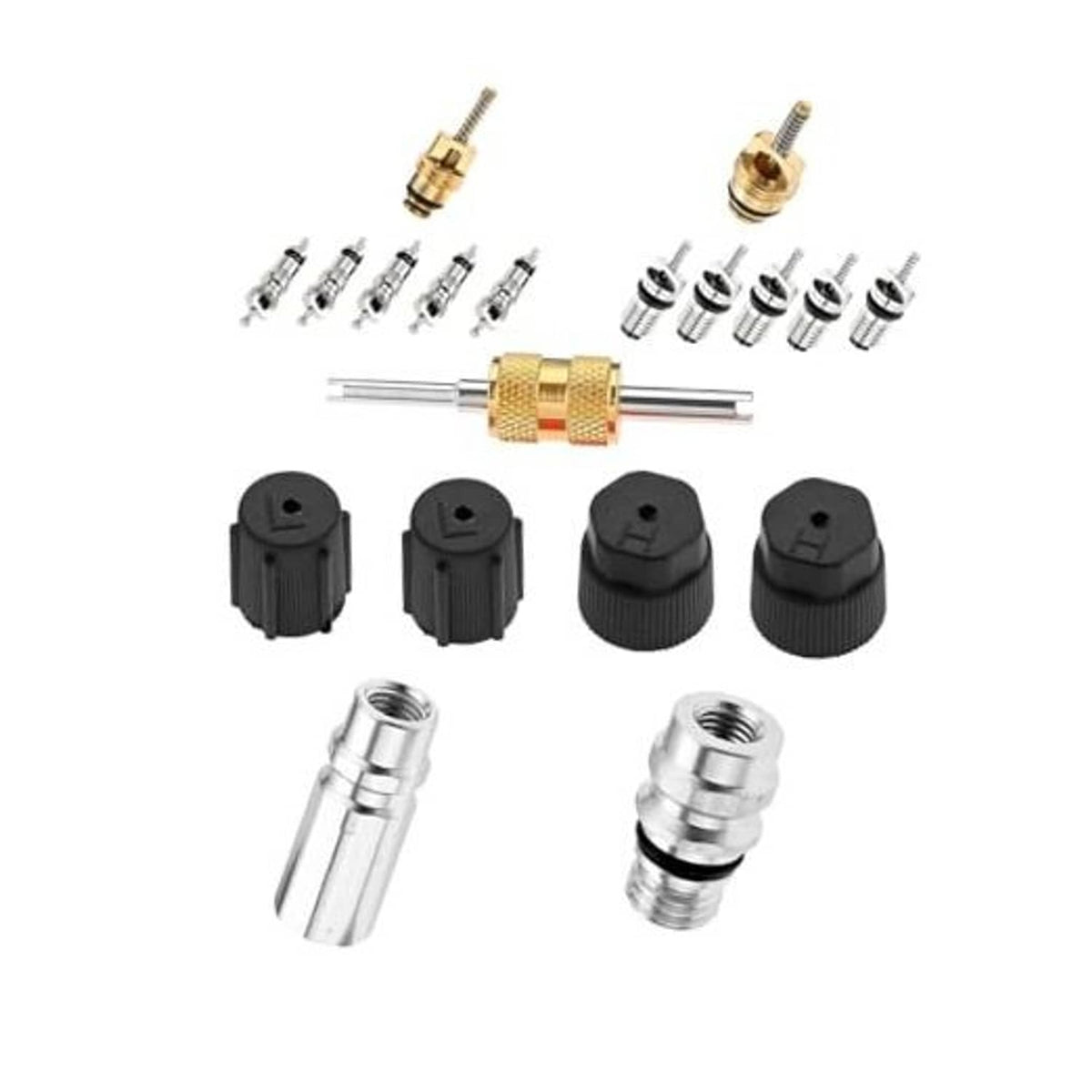 Air conditioning valve core and seal kit with brass tool, metal valve cores, and black port caps