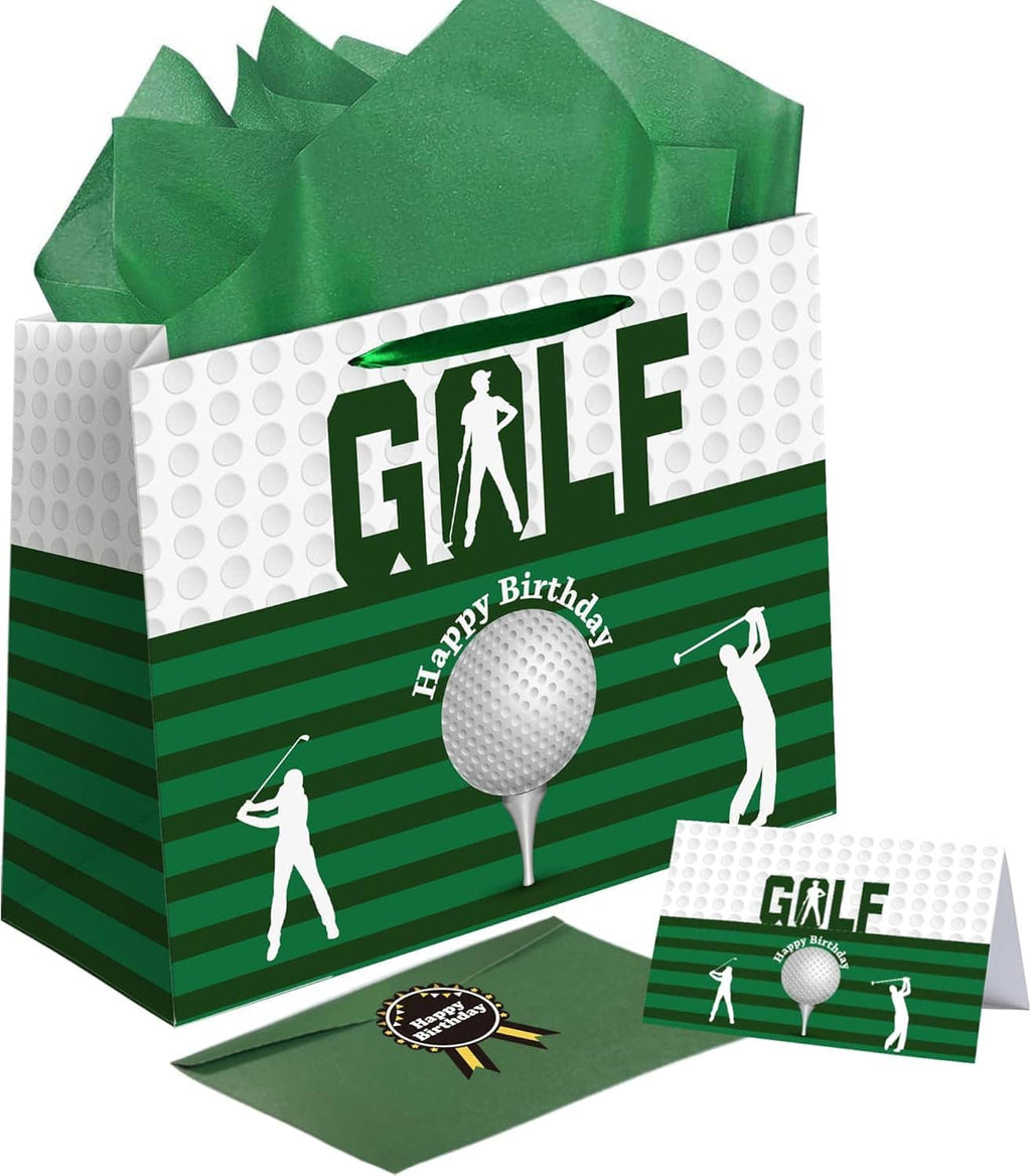 Green golf birthday gift bag with balloon graphic, golfer silhouettes, and matching card