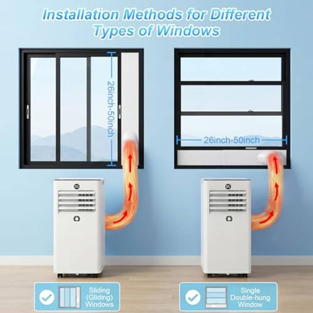 White portable air conditioner shown beside window-install options, compact unit front