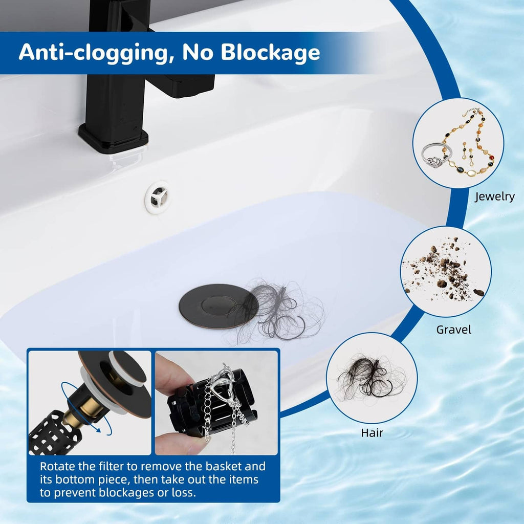 Installed bathroom sink pop-up drain strainer with black top and bronze inner basket