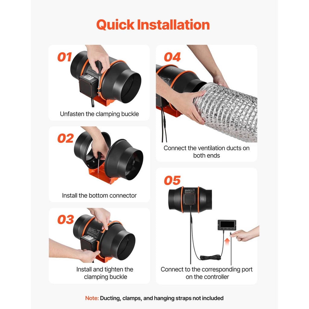 Inline ventilation fan quick installation steps showing duct connection on both ends