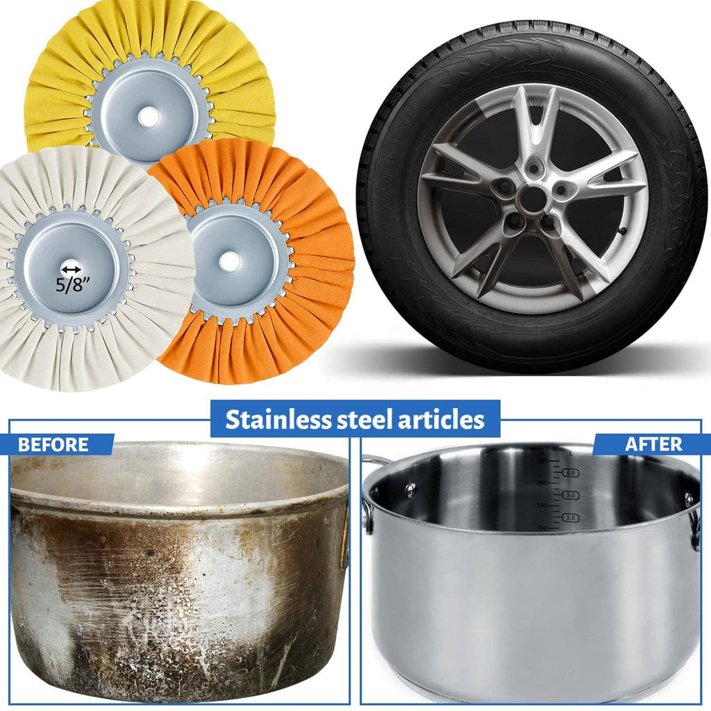 Multi-color buffing wheels with center hubs beside a silver car wheel