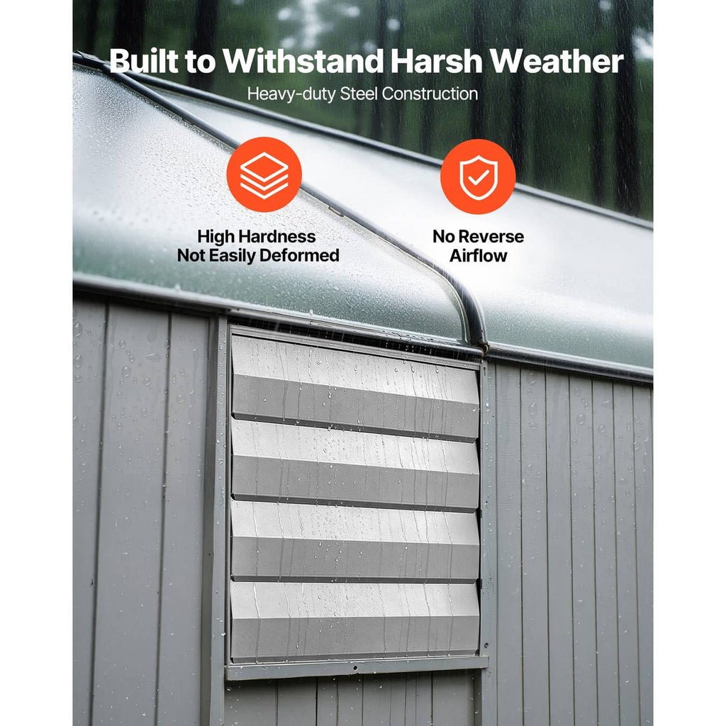 Wall-mounted shutter exhaust fan graphic with weatherproof steel construction