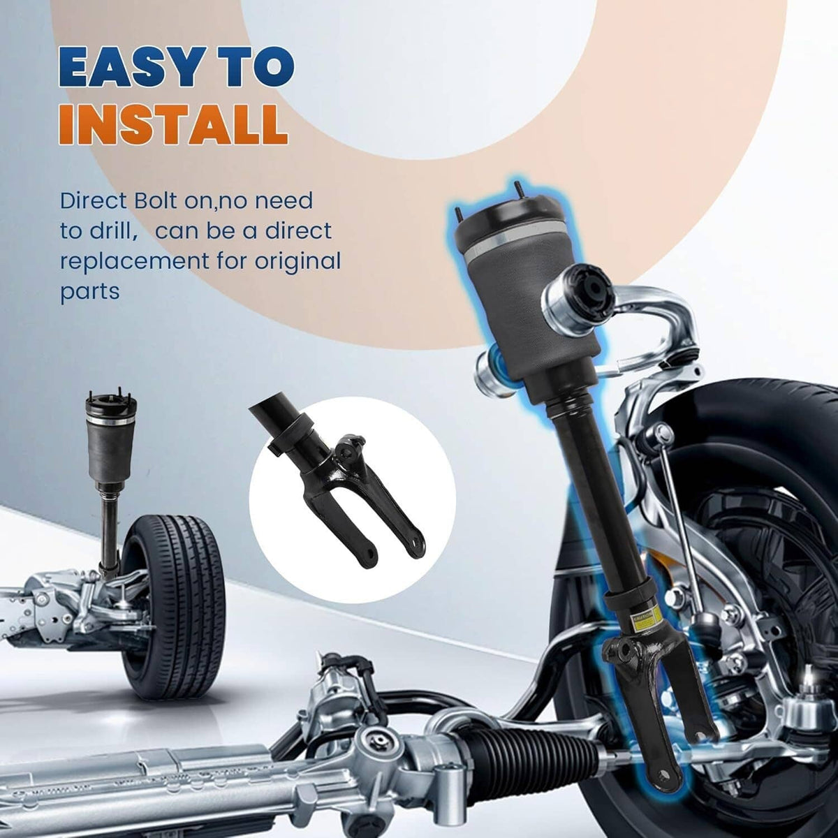 Air suspension strut assembly with mounting hardware and vehicle undercarriage