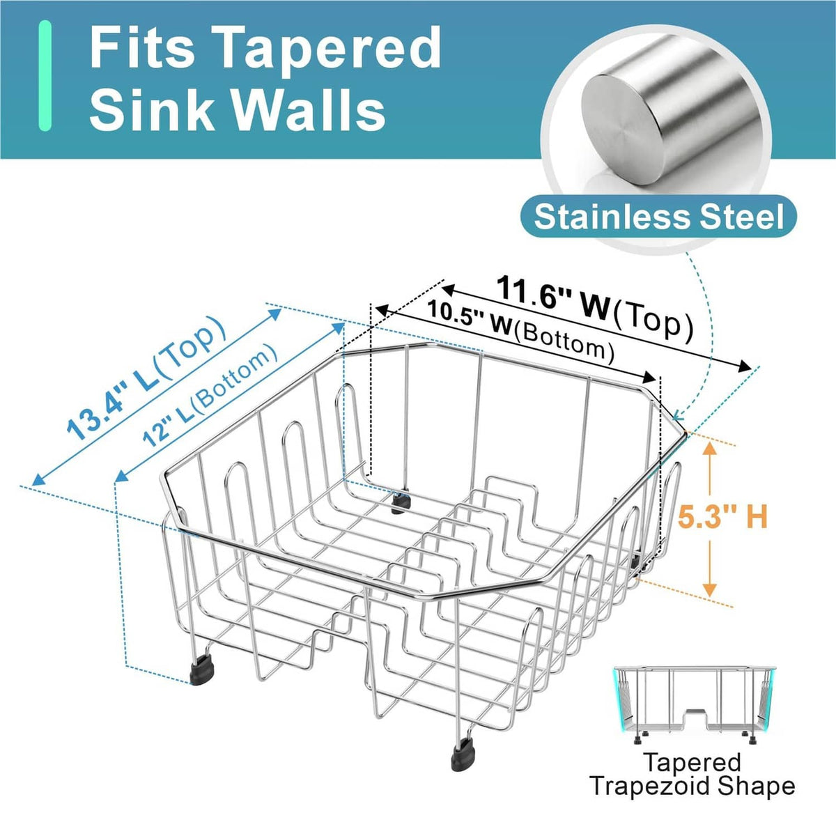 Tapered stainless steel dish rack with trapezoid wire basket and supporting legs