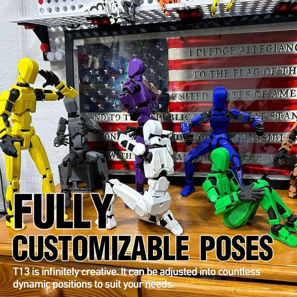 Assorted poseable action figures in yellow, red, blue, green, and purple