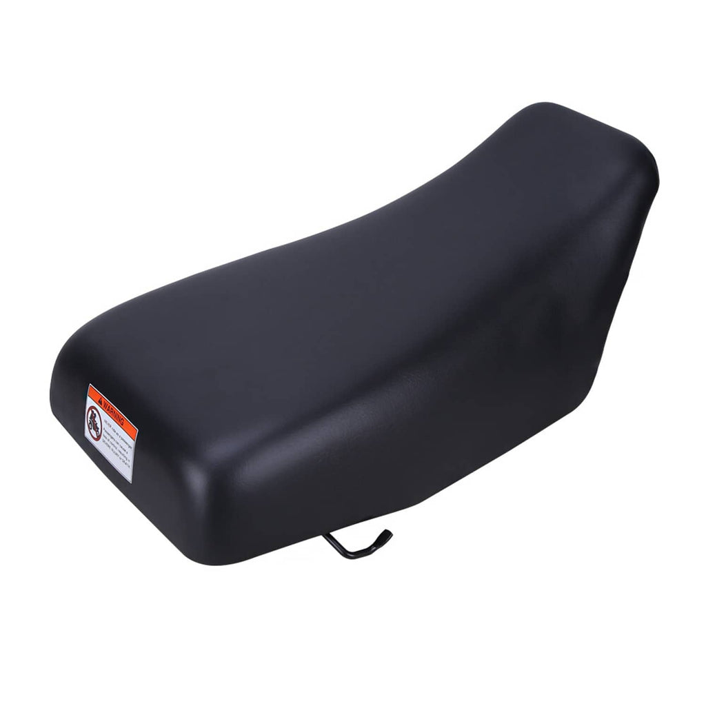 Black ATV complete seat assembly with warning label and mounting bracket
