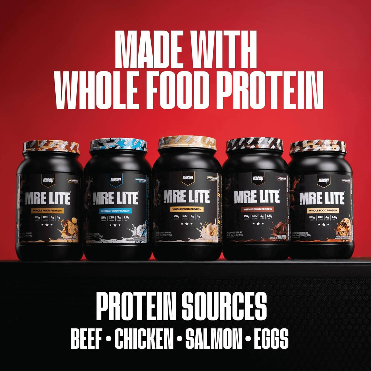 REDCON1 MRE LITE protein powder tub lineup of five, whole food protein