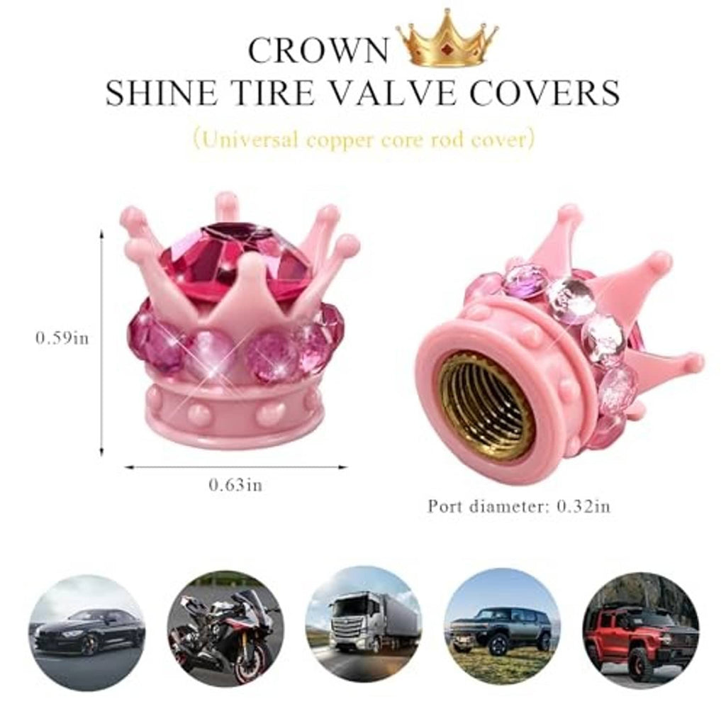 Pink rhinestone crown tire valve cap with side view showing valve stem opening